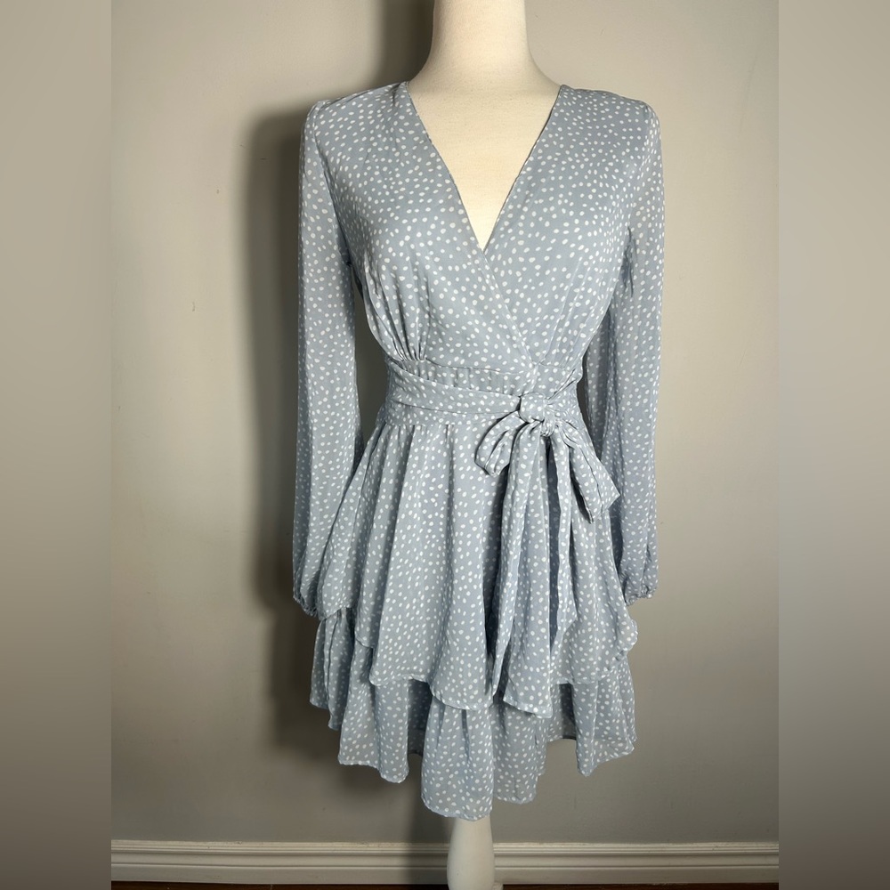 Jopna Sky Blue Polka Dot Tiered Mini Dress | Size Medium | Faux Wrap